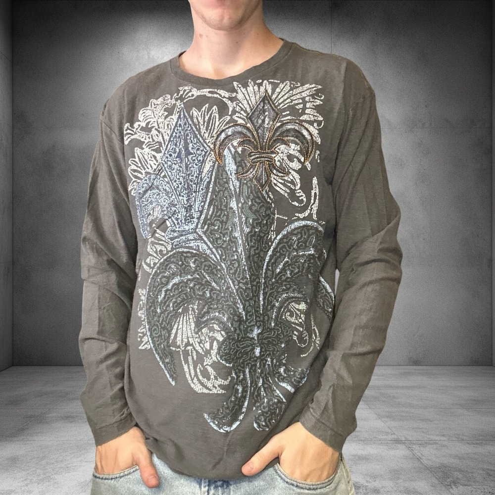 Vintage Cremieux Mens L Long Sleeve Graphic T-Shirt Gray Fleur De Lis Y2K Skater
